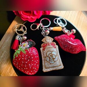Rhinestone Bag Charm Set – Strawberry, Perfume Bottle & Red Lips